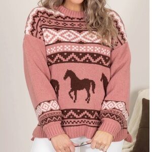 NWT Mauve/Brown Horses size Small Thick Sweater.
